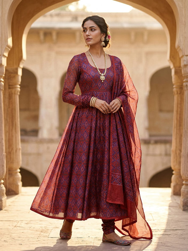 Red Ethnic Ikat Style Diamond Pattern Tusser Silk Digital Printed Fabric