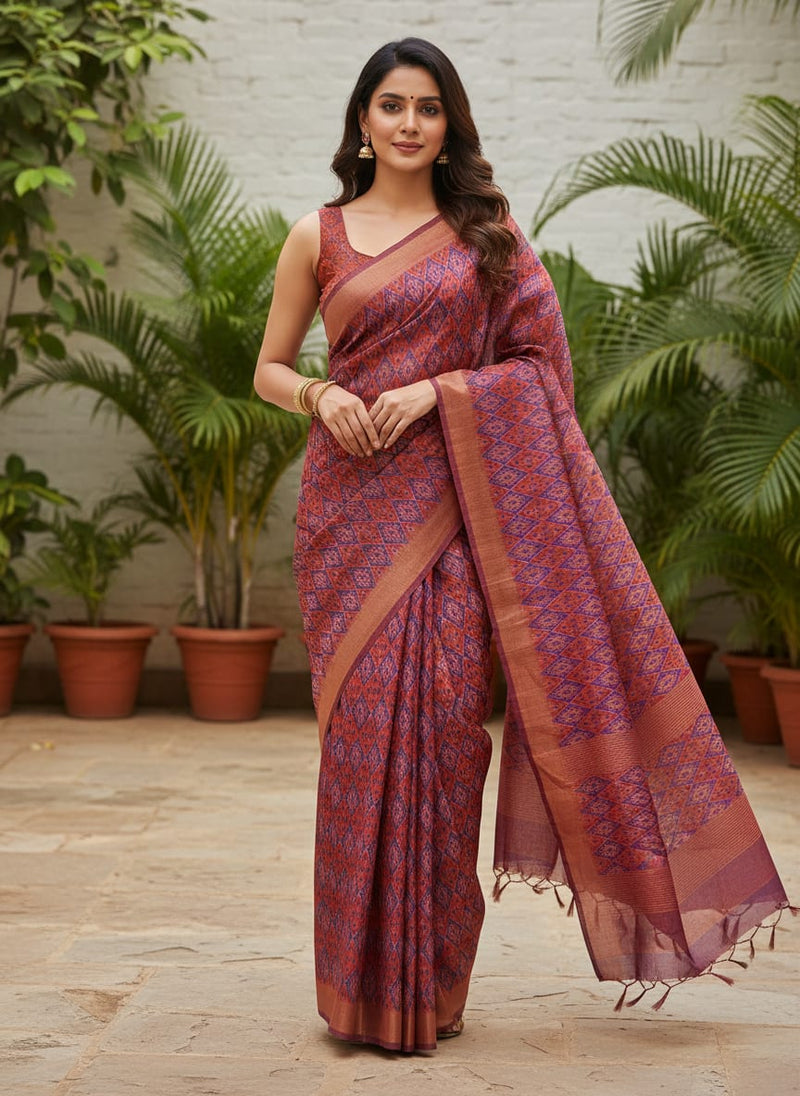 Red Ethnic Ikat Style Diamond Pattern Tusser Silk Digital Printed Fabric