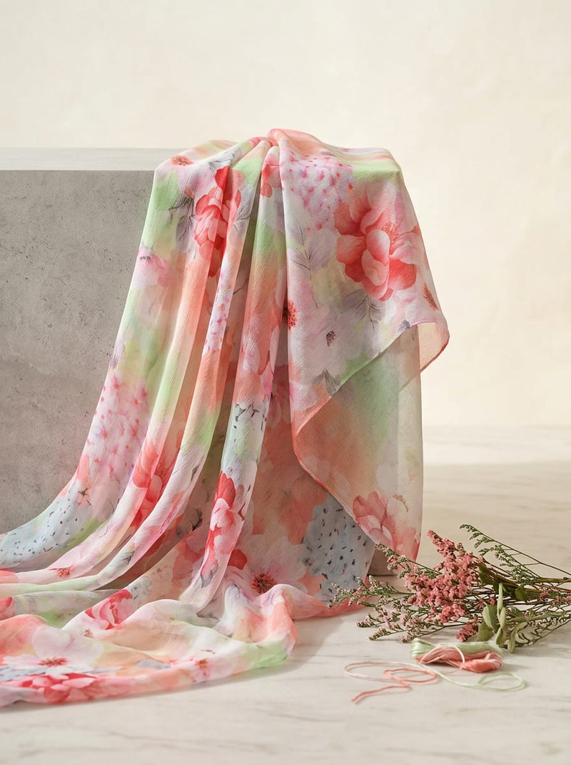 Multicolor Pastel Watercolor Floral Pure Chiffon Digital Printed Fabric