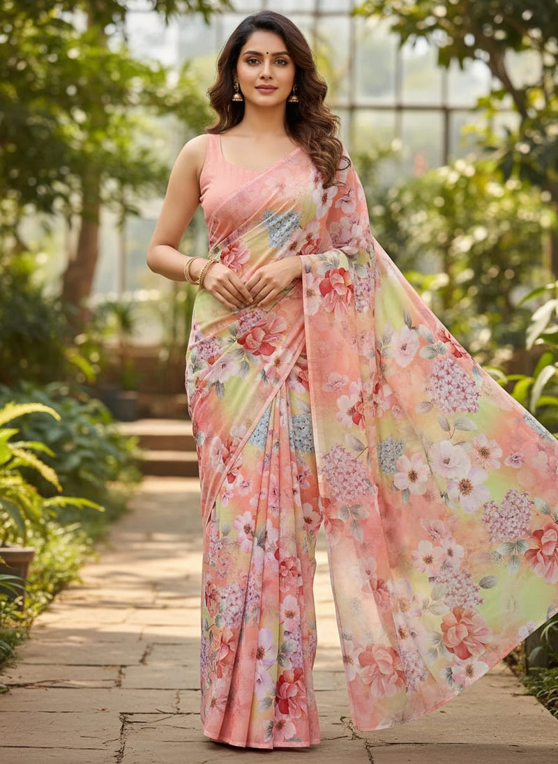 Multicolor Soft Botanical Floral Garden Weightless Digital Printed Fabric