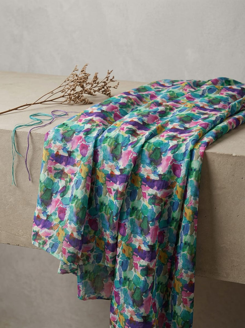 Multicolor Abstract Watercolor Splatter Muslin Digital Printed Fabric