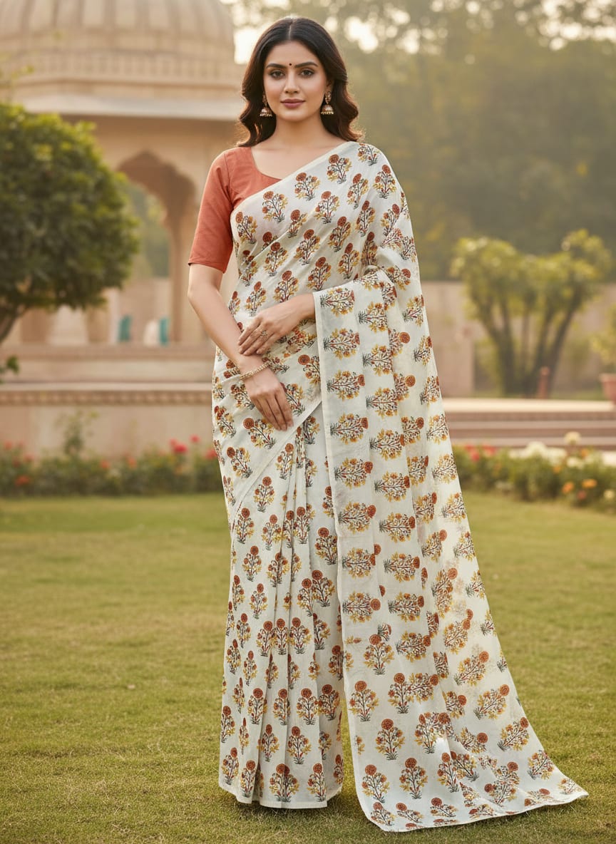 Grey Ethnic Floral Buti Motif Digital Printed Fabric