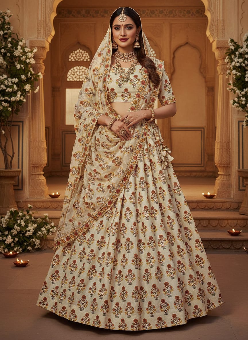White Ethnic Floral Buti Kora Silk Digital Printed Fabric