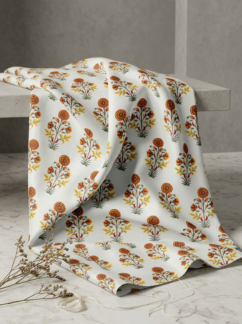 White Ethnic Floral Buti Kora Silk Digital Printed Fabric