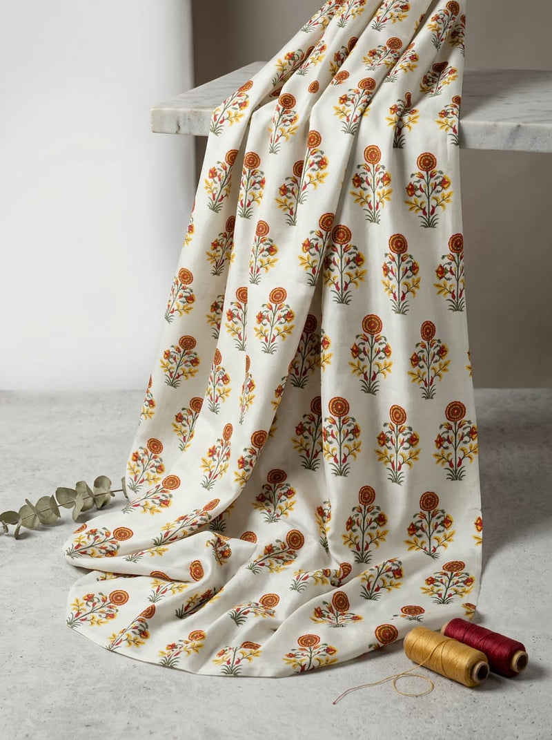 Grey Ethnic Buti Floral Tusser Silk Digital Printed Fabric