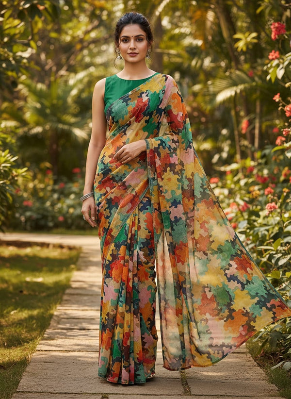 Multicolor Abstract Colorblock Puzzle Print Pure Chiffon Digital Printed Fabric - Saree Lookbook - PCH-0-TA07046-96 - alternate view