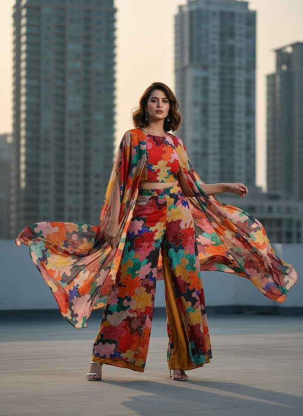 Multicolor Colorful Abstract Puzzle Shapes Weightless Digital Printed Fabric - Cape with Palazzo Lookbook - WE-0-TA07046-110 - alternate view