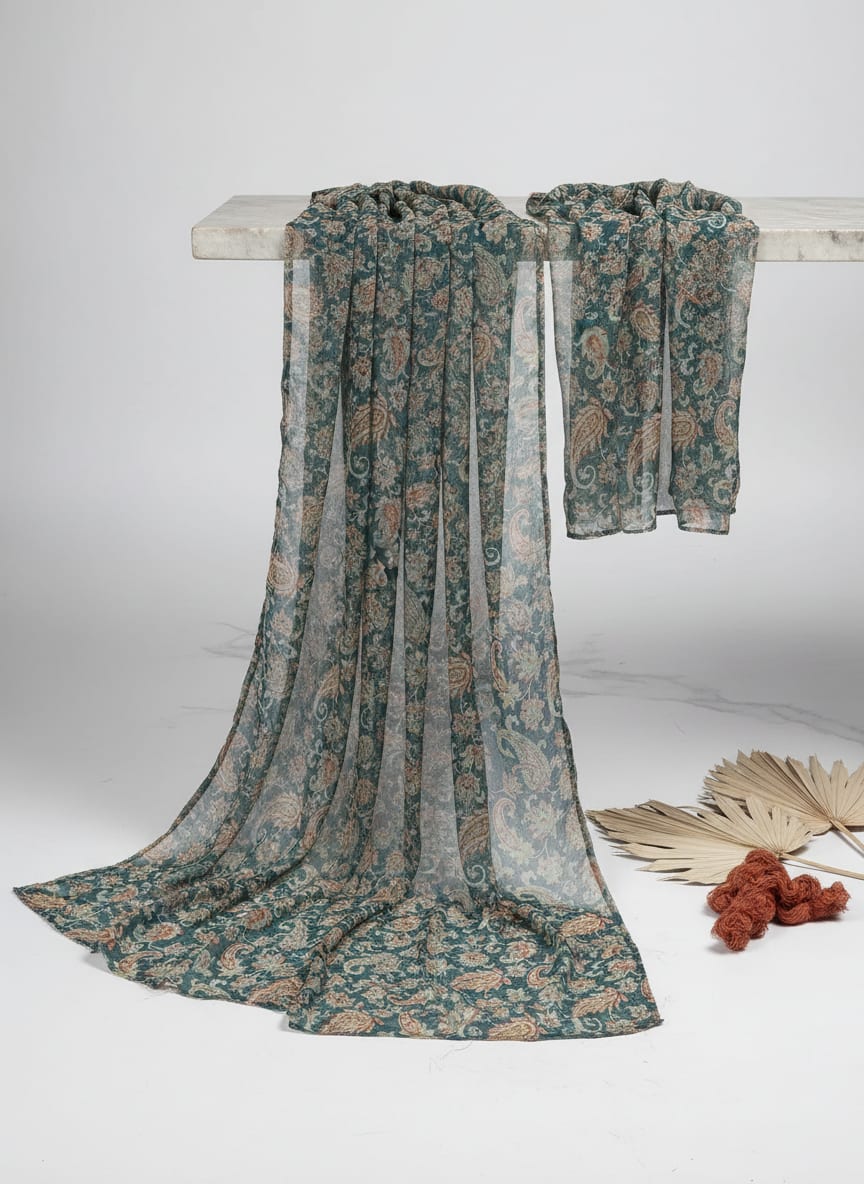 Teal Vintage Paisley Floral Pure Chiffon Digital Printed Fabric