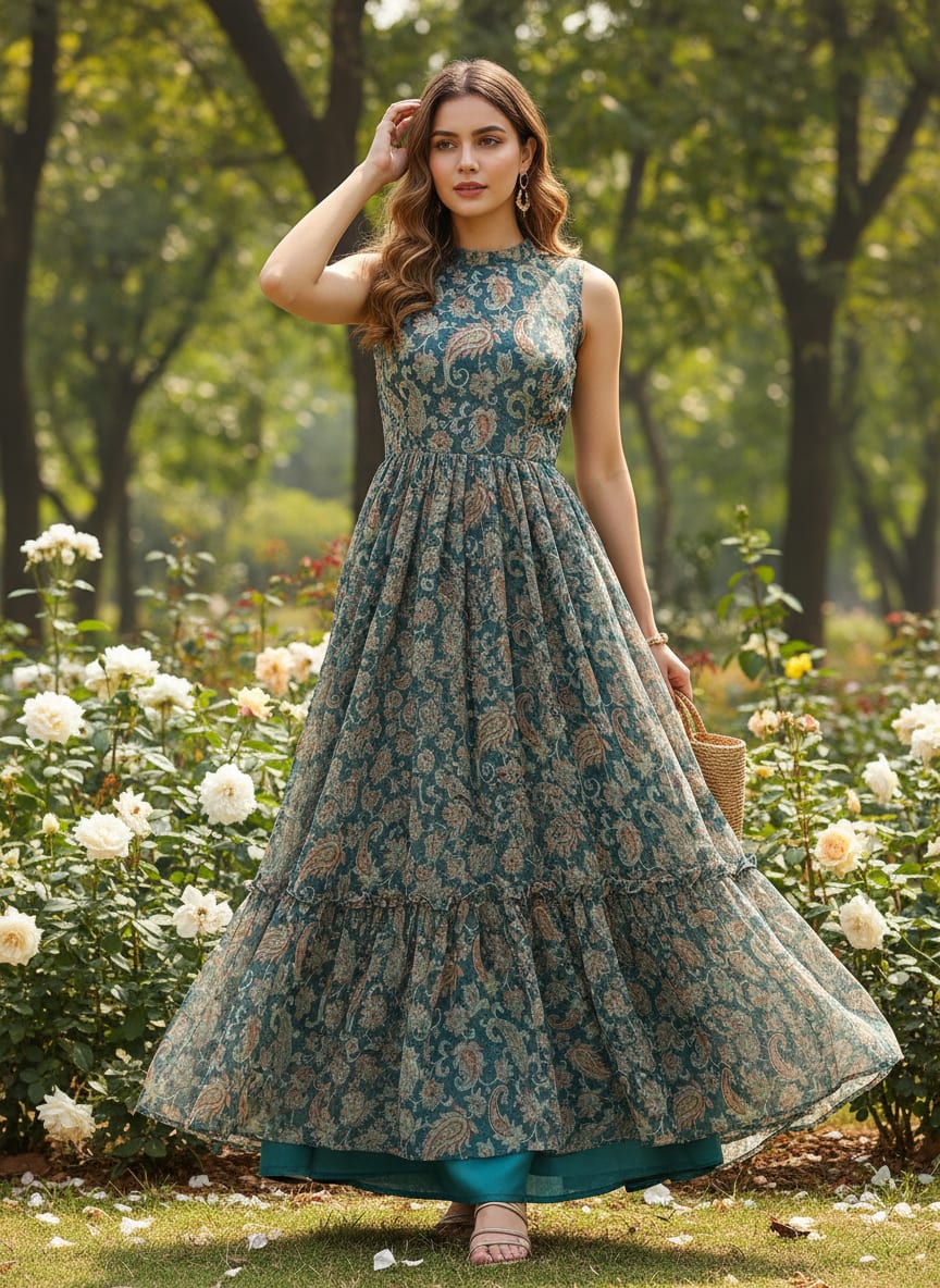 Teal Vintage Paisley Floral Pure Chiffon Digital Printed Fabric