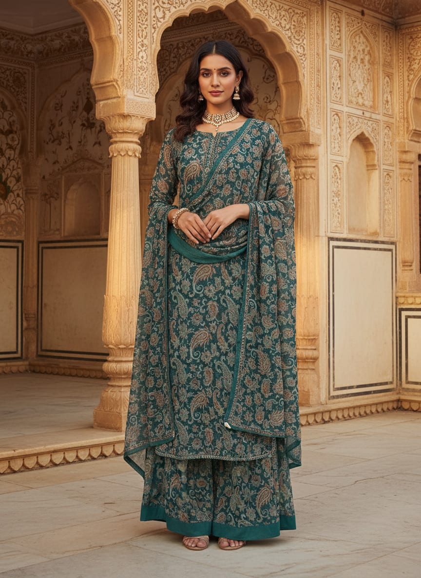 Teal Vintage Paisley Floral Pure Chiffon Digital Printed Fabric