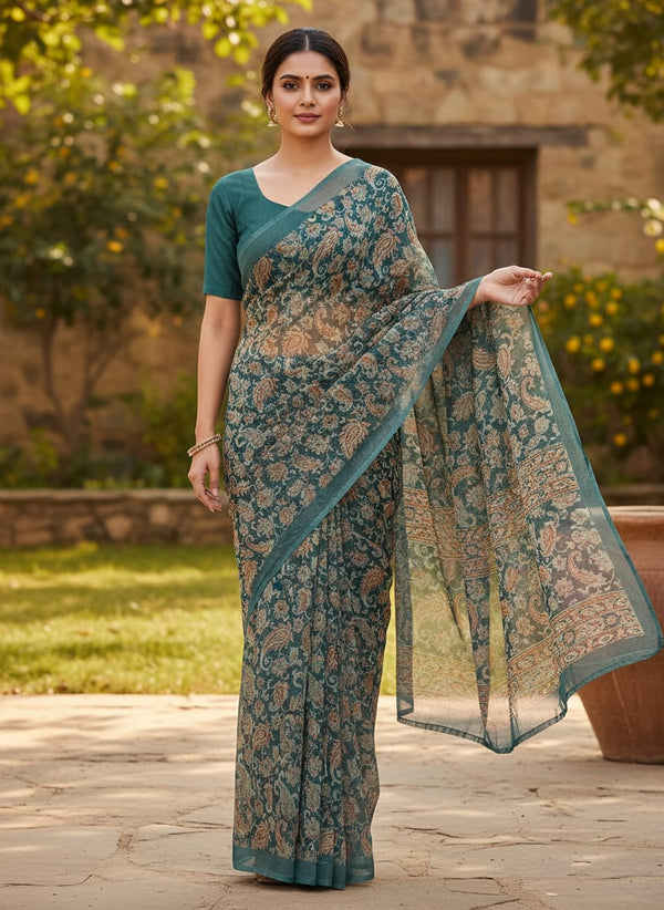 Teal Vintage Paisley Floral Pure Chiffon Digital Printed Fabric - Saree Lookbook - PCH-0-MA09827-96 - alternate view