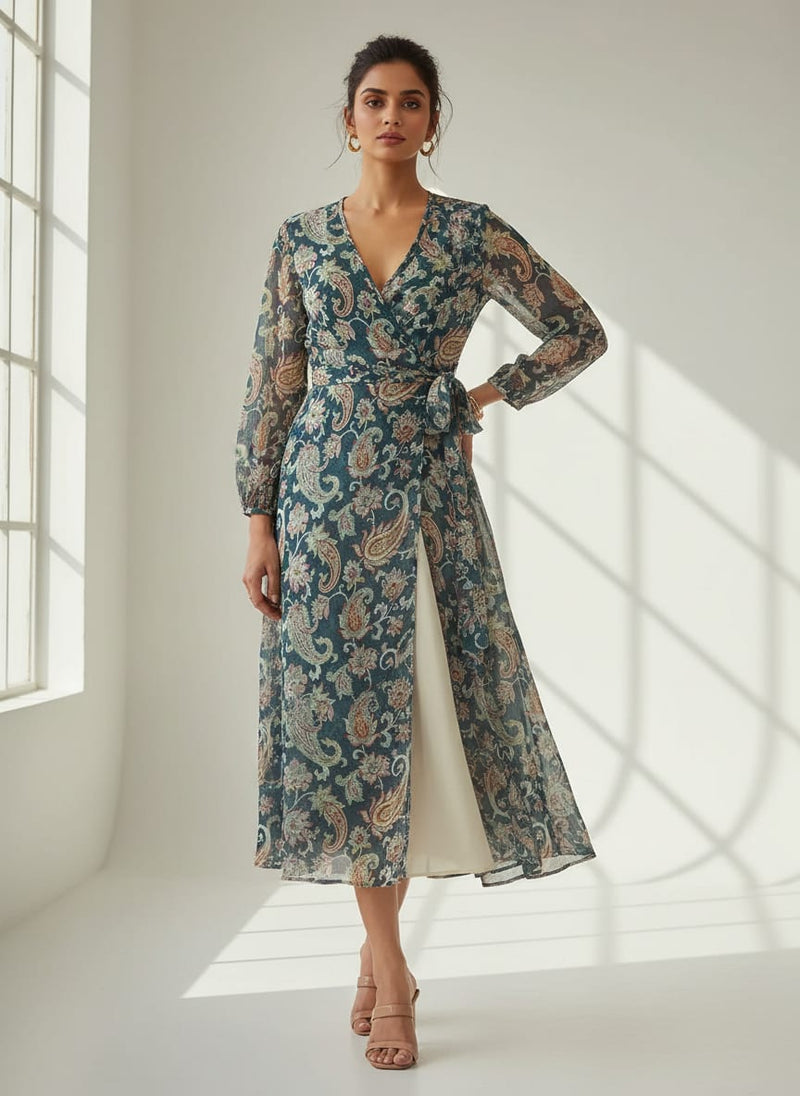 Teal Traditional Paisley Floral Weightless Digital Printed Fabric