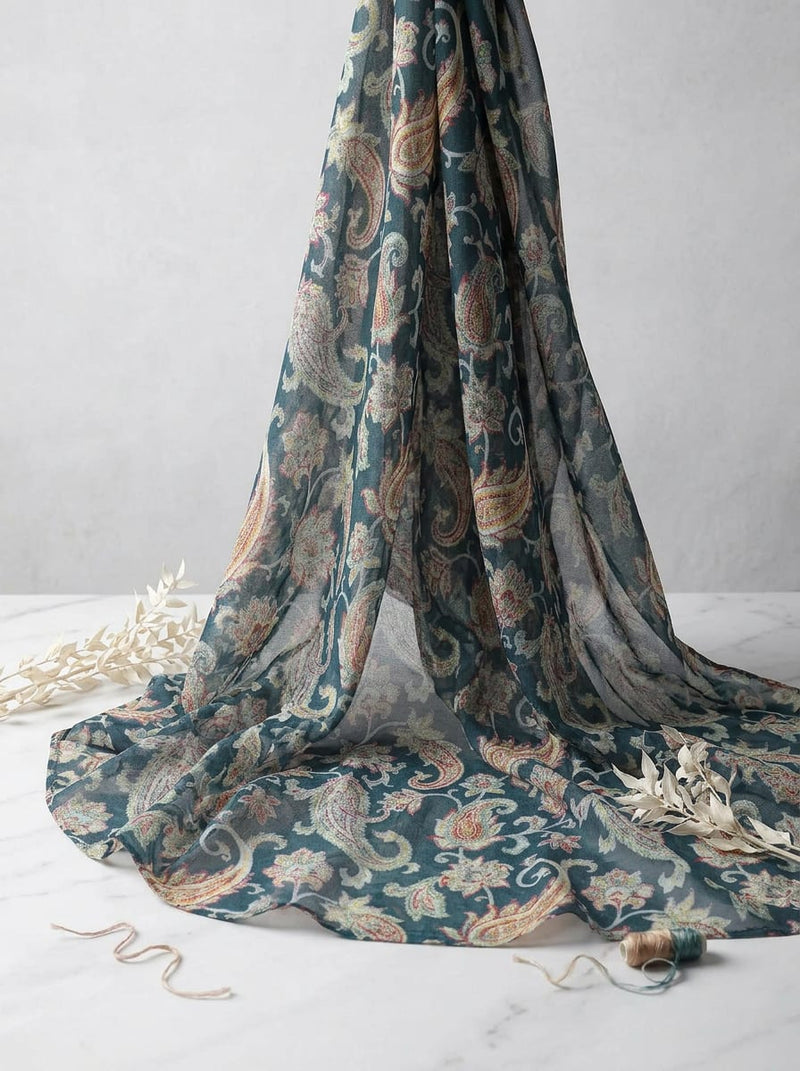 Teal Traditional Paisley Floral Weightless Digital Printed Fabric