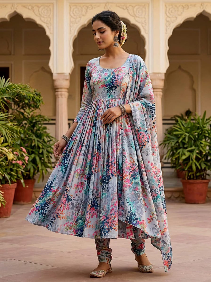 Multicolor Colorful Dotted Botanical Silk Crepe Digital Printed Fabric