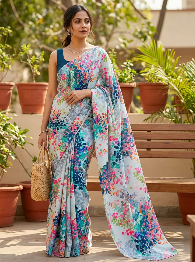 Multicolor Colorful Dotted Botanical Silk Crepe Digital Printed Fabric