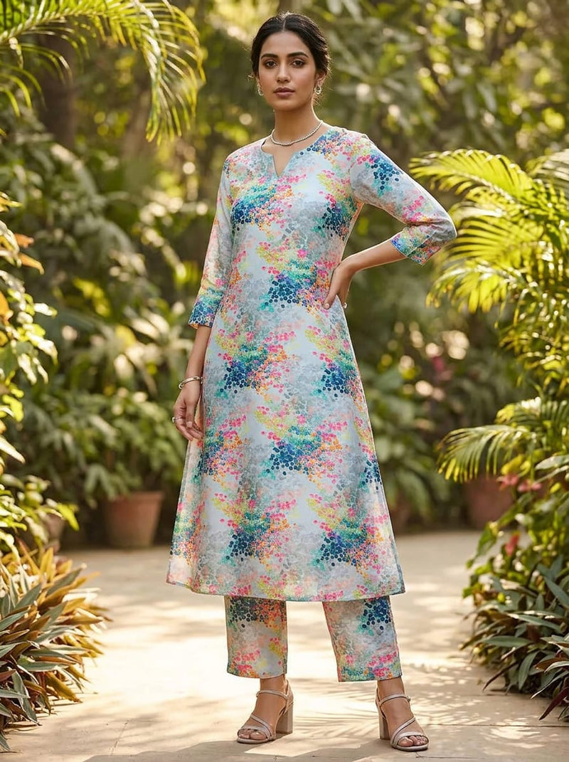 Multicolor Colorful Abstract Botanical Dots Kora Silk Digital Printed Fabric