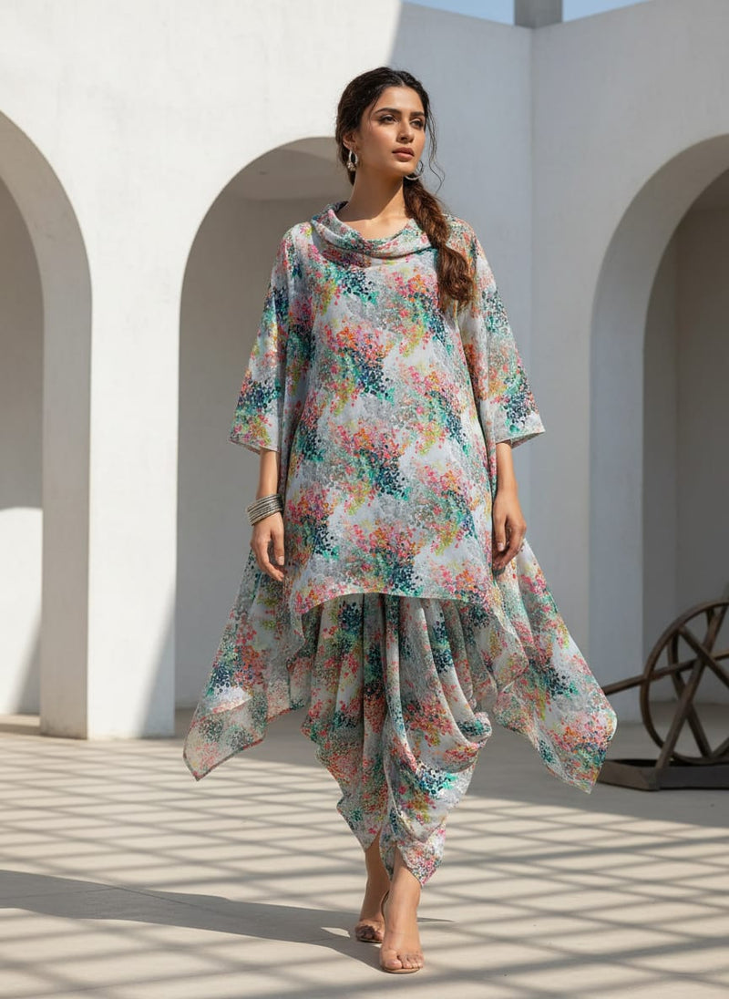 Multicolor Abstract Dotted Floral Clusters Pure Cotton Digital Printed Fabric