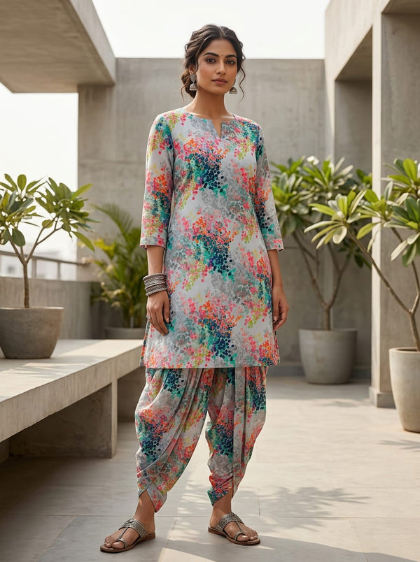 Multicolor Abstract Dotted Floral Clusters Pure Cotton Digital Printed Fabric - Dhoti Pants with Kurta Lookbook - PCO-0-TA0725-108 - alternate view
