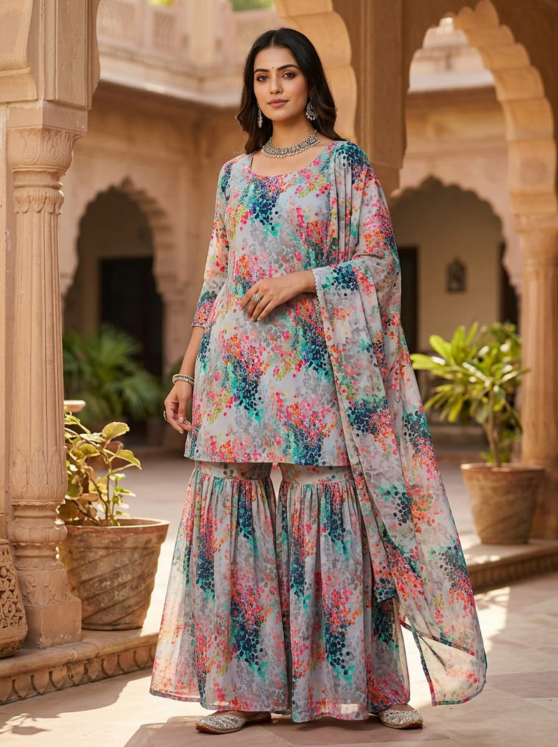 Multicolor Abstract Botanical Dots Pure Georgette Digital Printed Fabric