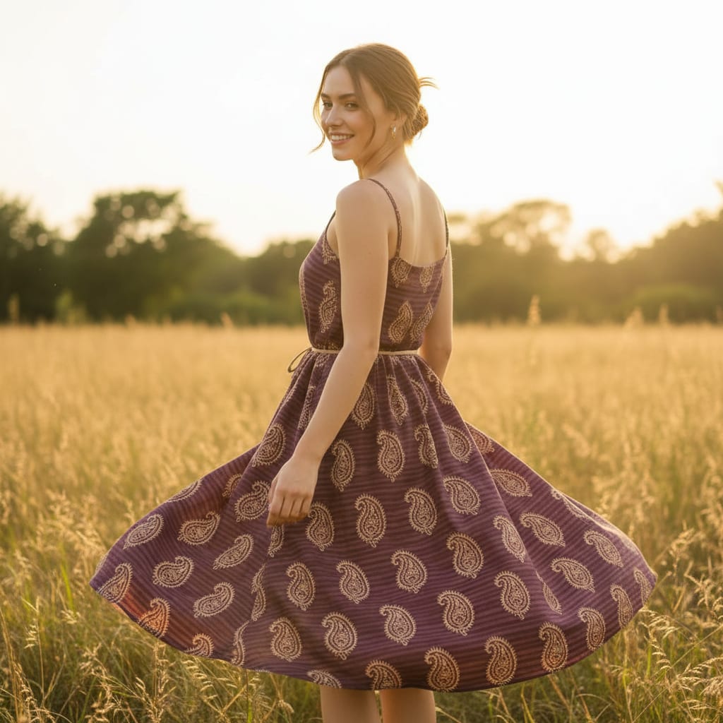 Purple Ethnic Paisley on a Striped Background Kora Silk Digital Printed Fabric