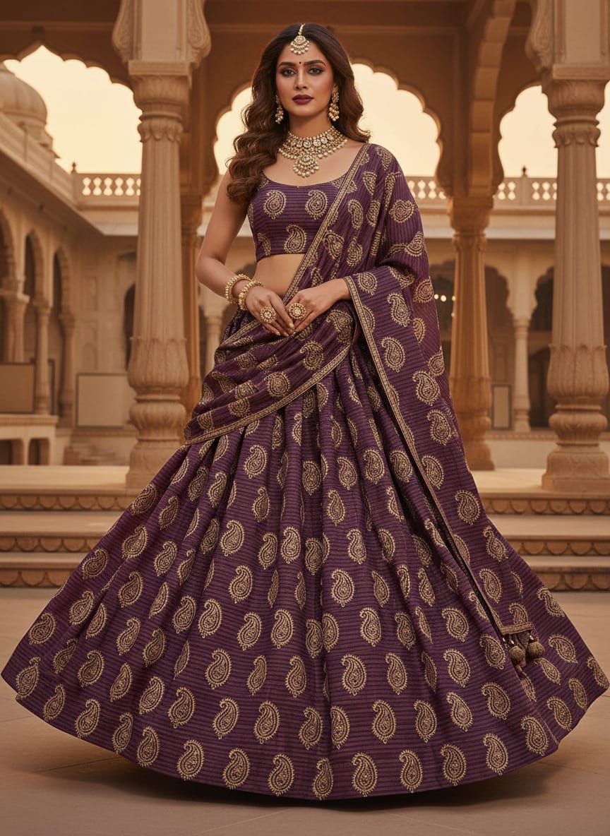 Purple Ethnic Paisley on a Striped Background Kora Silk Digital Printed Fabric