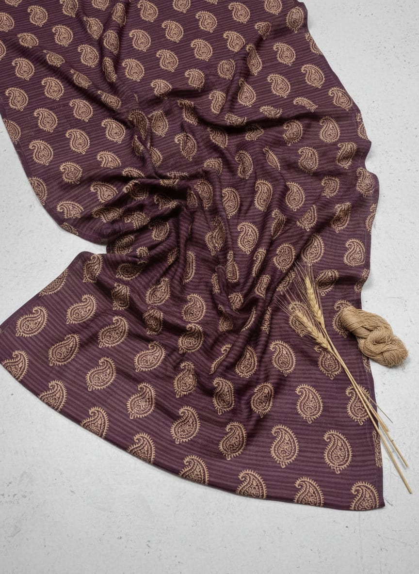 Purple Ethnic Paisley on a Striped Background Kora Silk Digital Printed Fabric