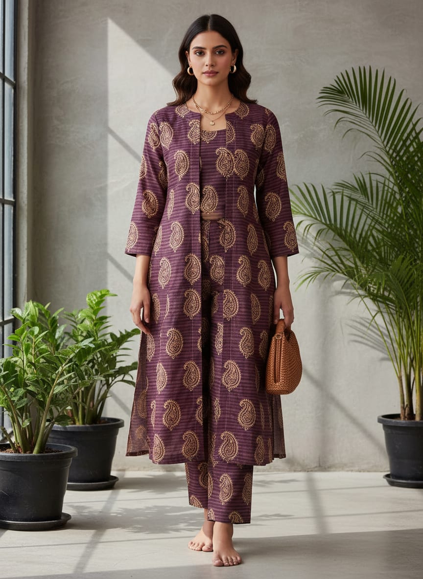 Purple Ethnic Paisley on a Striped Background Kora Silk Digital Printed Fabric