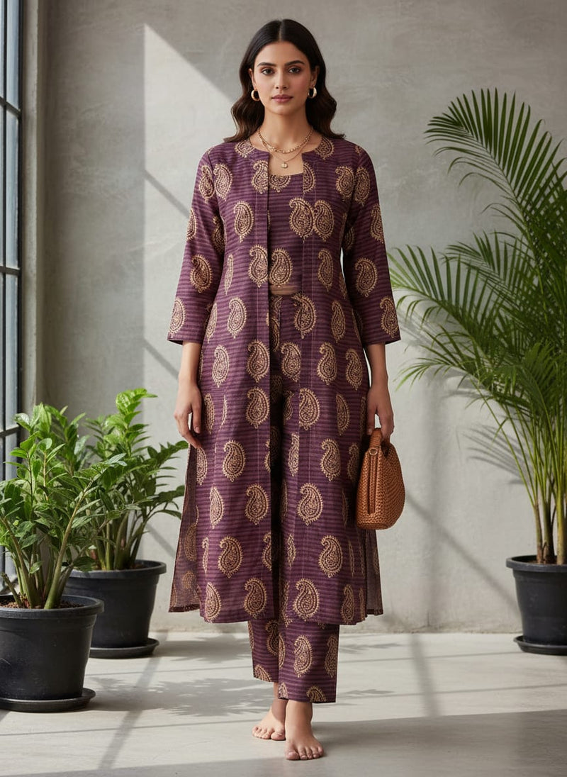 Purple Ethnic Paisley on a Striped Background Kora Silk Digital Printed Fabric