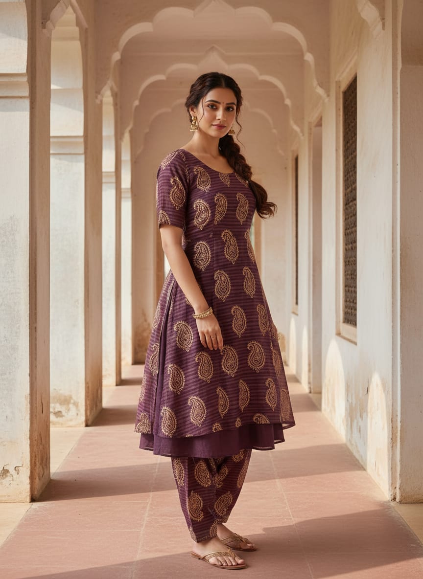 Purple Ethnic Paisley on a Striped Background Kora Silk Digital Printed Fabric