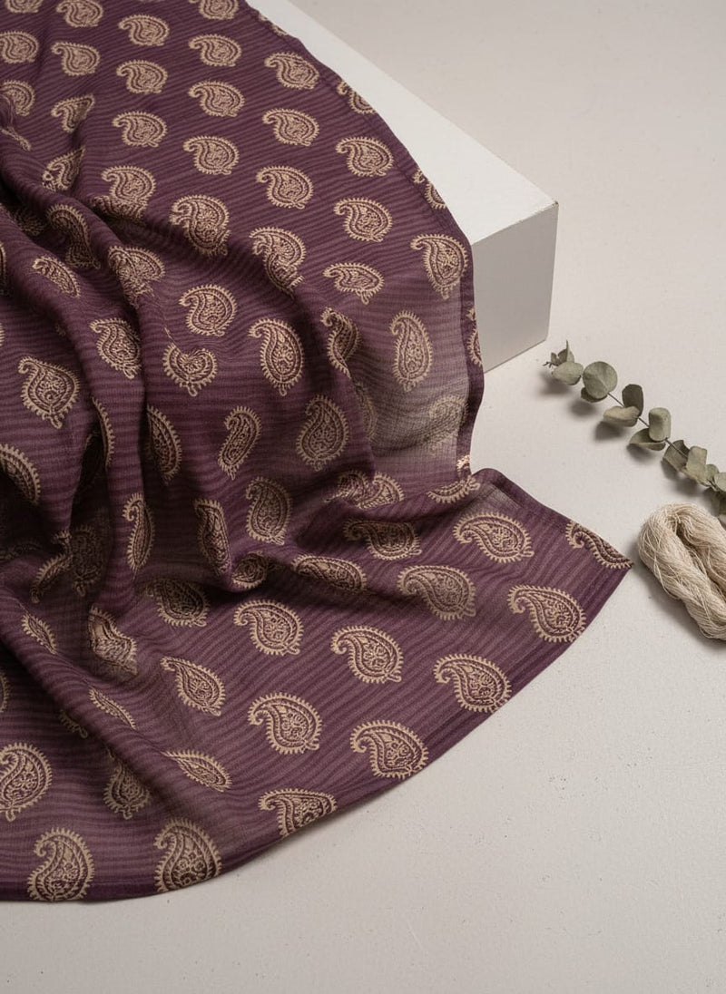 Maroon Ethnic Striped Paisley Print Muslin Digital Printed Fabric