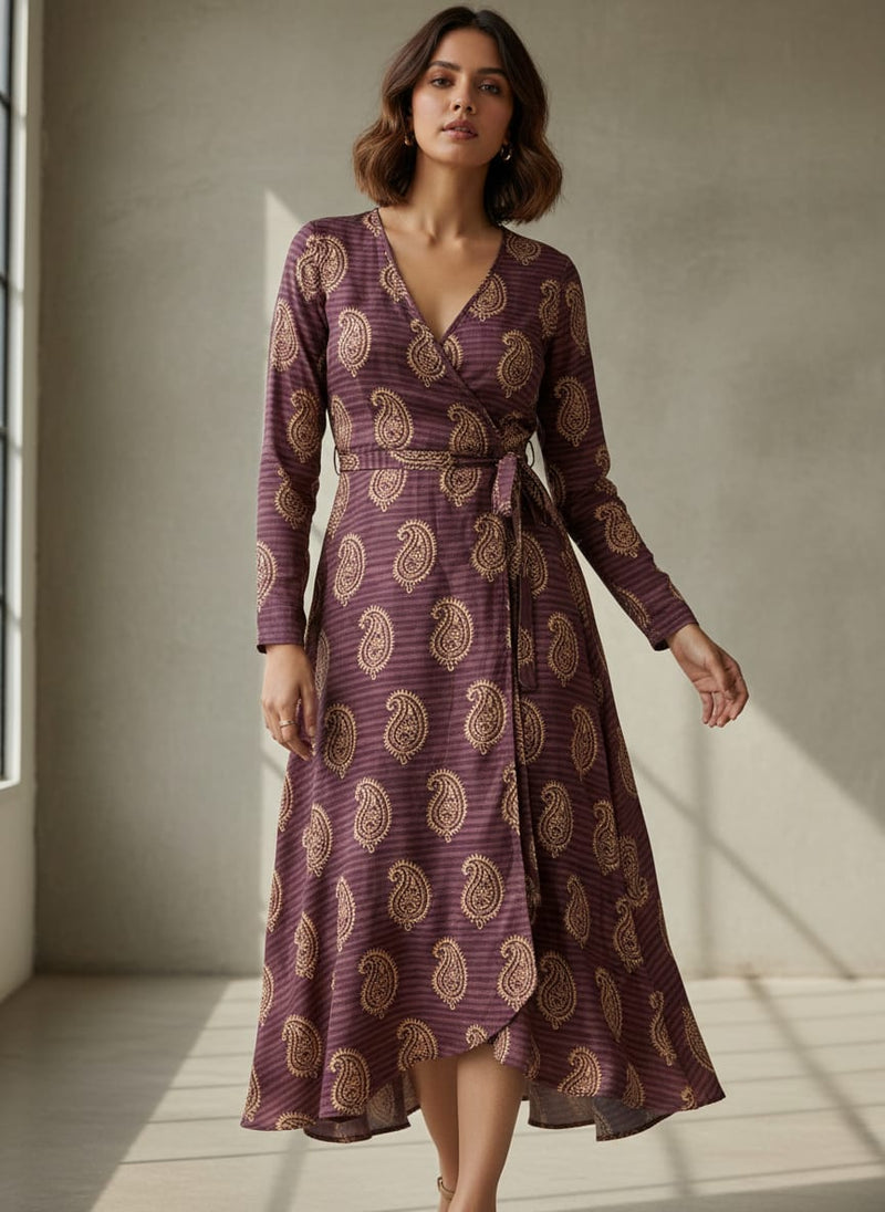 Maroon Ethnic Paisley Stripe Tusser Silk Digital Printed Fabric