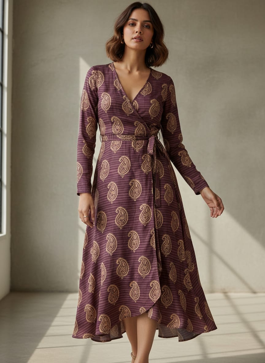 Maroon Ethnic Paisley Stripe Tusser Silk Digital Printed Fabric
