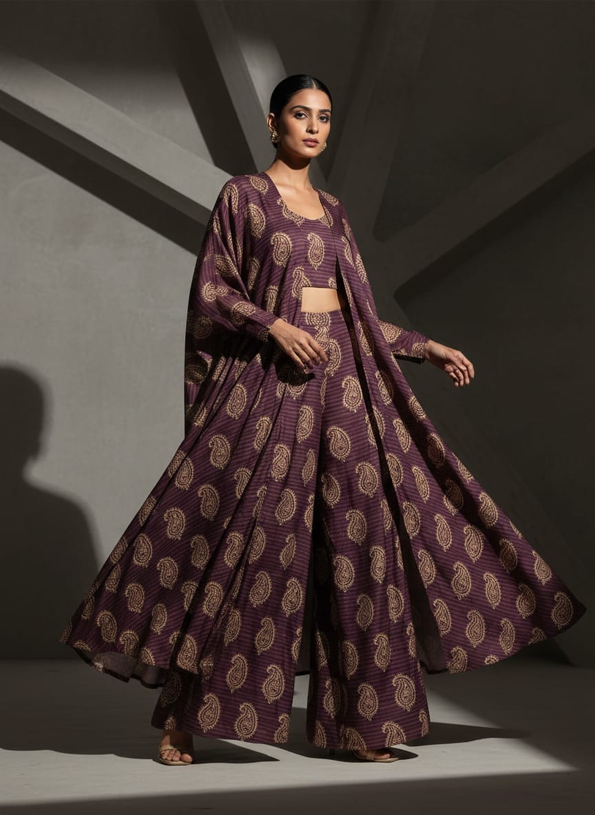 Maroon Ethnic Paisley Stripe Tusser Silk Digital Printed Fabric