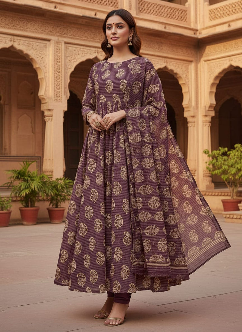 Maroon Ethnic Paisley on Striped Maroon Weightless Digital Printed Fabric