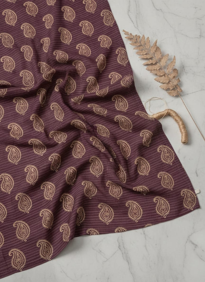 Maroon Ethnic Paisley on Striped Maroon Weightless Digital Printed Fabric