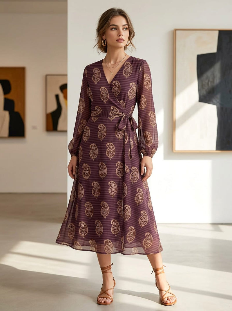 Maroon Ethnic Paisley on Striped Maroon Weightless Digital Printed Fabric