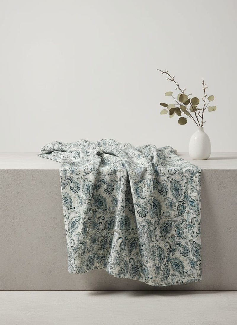 Cream and Blue Classic Paisley Damask Pure Cotton Digital Printed Fabric