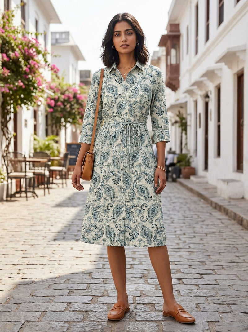 Cream and Blue Classic Paisley Damask Pure Cotton Digital Printed Fabric