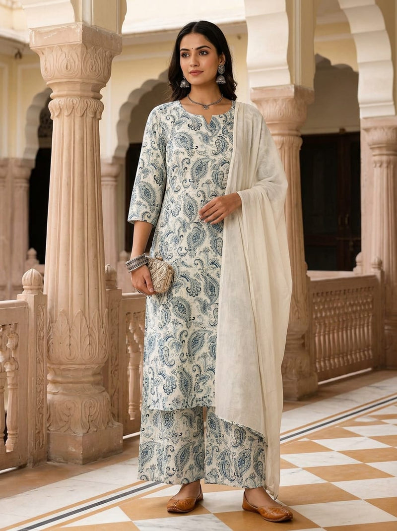 Cream and Blue Classic Paisley Damask Pure Cotton Digital Printed Fabric