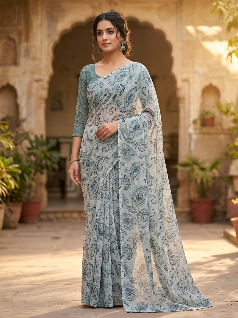 Grey Classic Paisley Print Pure Georgette Digital Printed Fabric