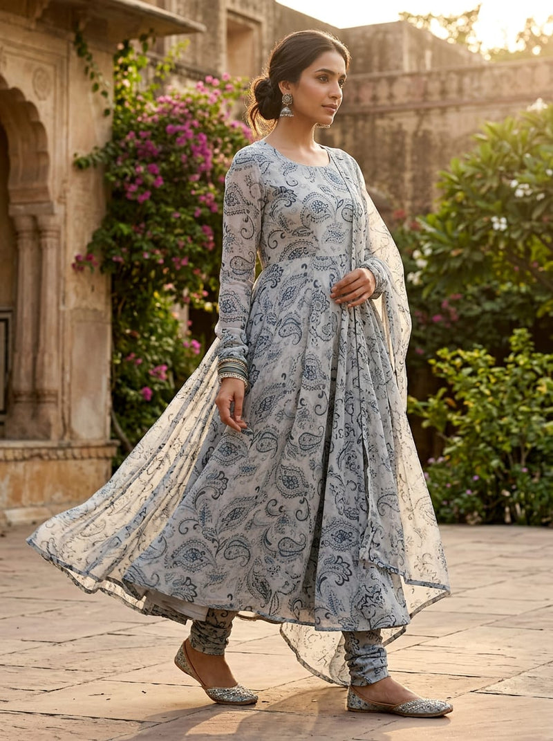 Grey Classic Paisley Print Pure Georgette Digital Printed Fabric