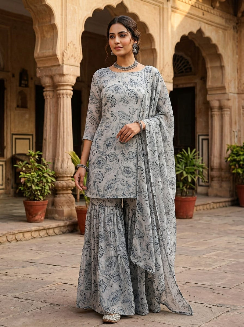 Grey Classic Paisley Print Pure Georgette Digital Printed Fabric