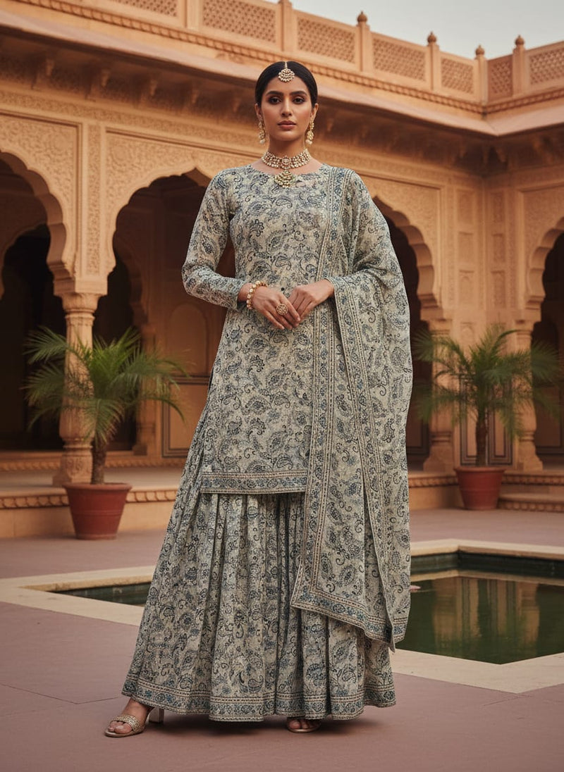 Grey Classic Paisley Print Pure Georgette Digital Printed Fabric