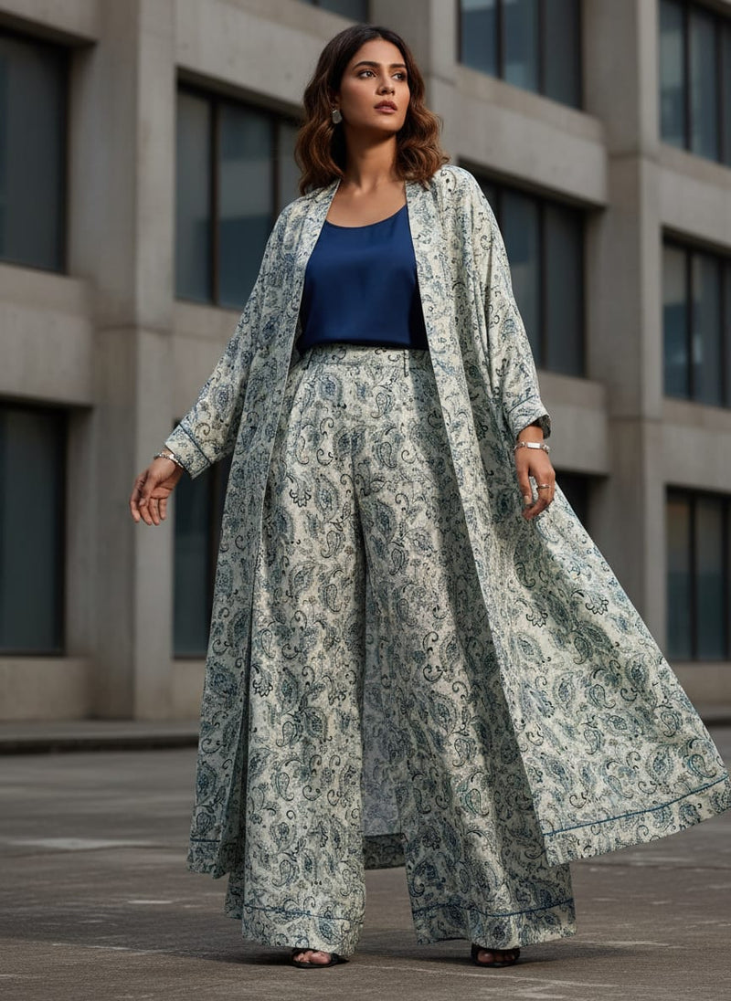 Cream Classic Ethnic Paisley Tusser Silk Digital Printed Fabric