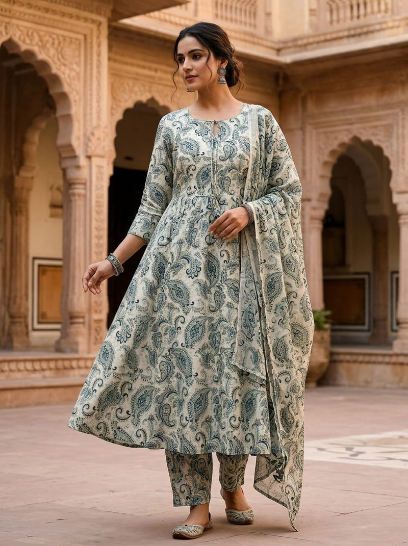 Cream Classic Ethnic Paisley Tusser Silk Digital Printed Fabric