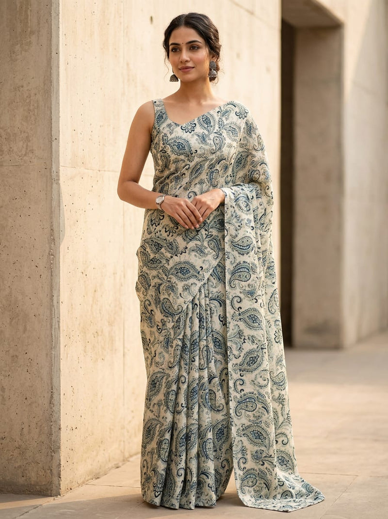 Cream Classic Ethnic Paisley Tusser Silk Digital Printed Fabric