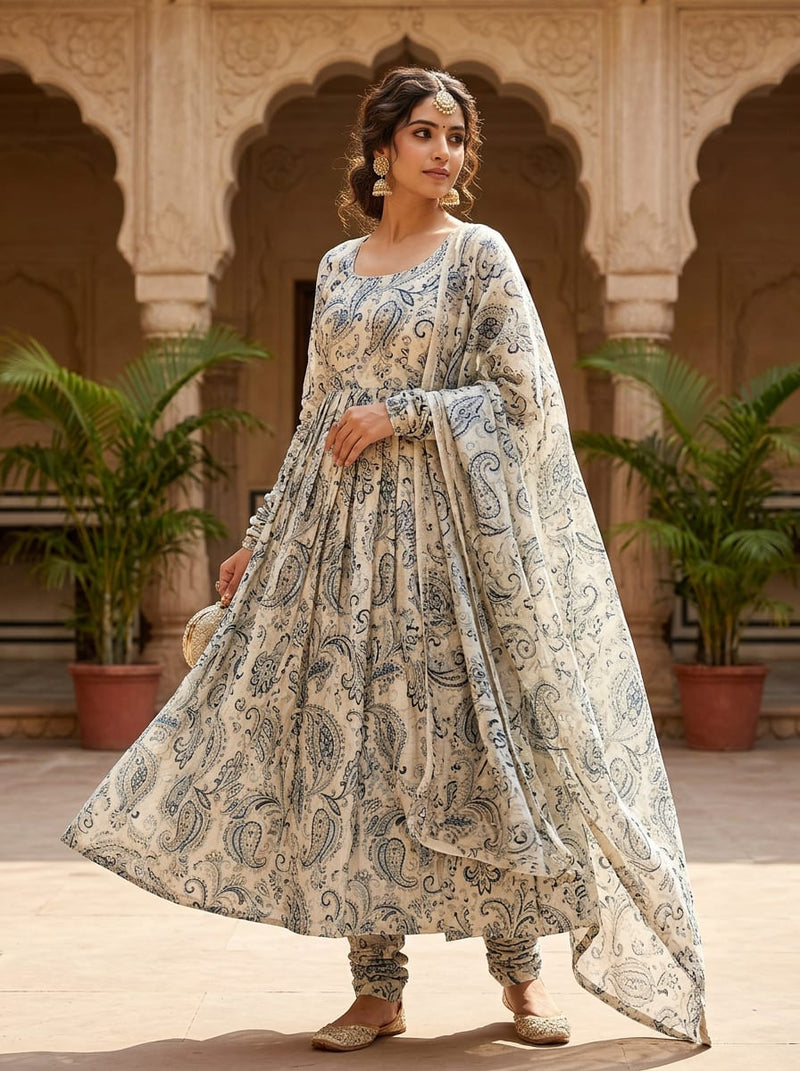 Cream Classic Ethnic Paisley Tusser Silk Digital Printed Fabric