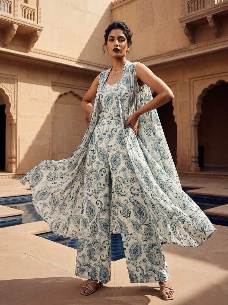 Cream Classic Blue Paisley Weightless Digital Printed Fabric