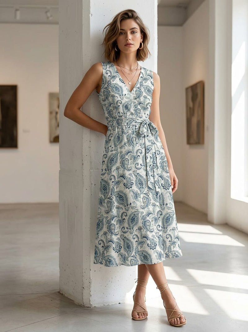 Cream Classic Blue Paisley Weightless Digital Printed Fabric