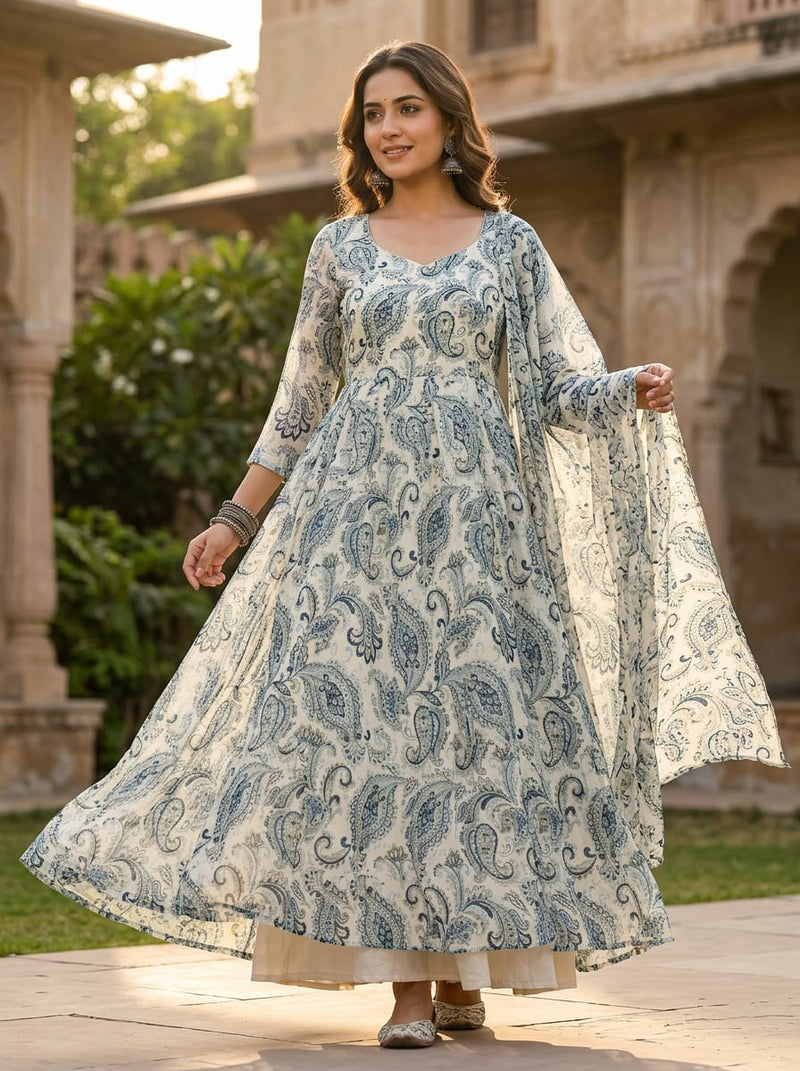 Cream Classic Blue Paisley Weightless Digital Printed Fabric